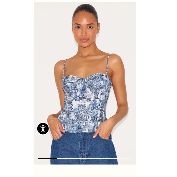 PrettyLittleThing Tops - PrettyLittleThing Blue Renaissance Toile Print Corset Top Zip back coquette chic